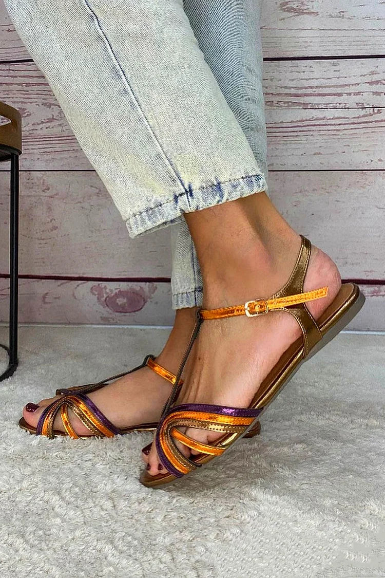 Albaira | Sandalias Doradas con Hebilla y Tira Multicolor para Verano