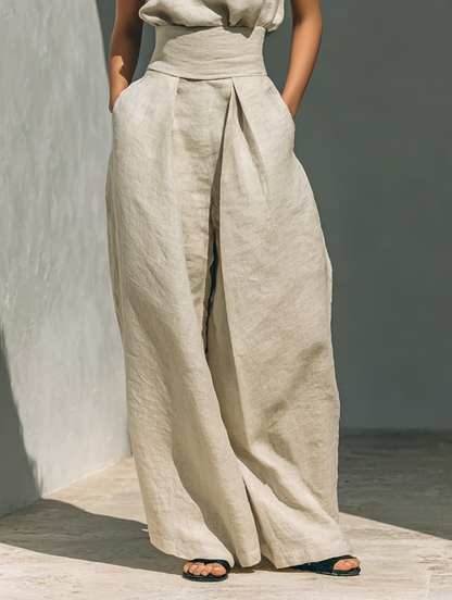 Conjunto Minimalista de Blusa Sin Mangas y Pantalón Ancho de Algodón y Lino