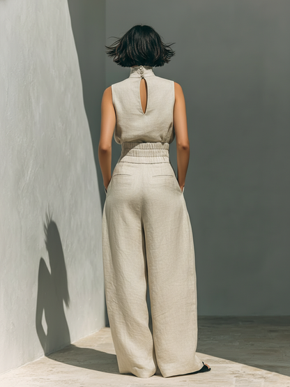 Conjunto Minimalista de Blusa Sin Mangas y Pantalón Ancho de Algodón y Lino